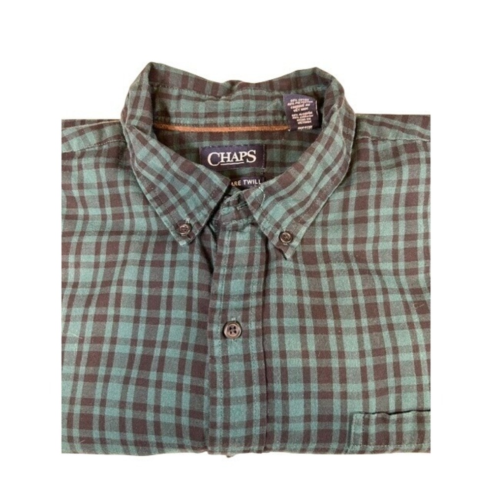 Chaps Men's Long Sleeve Blue Green Plaid Button Up Dress Shirt XXL Easy Care